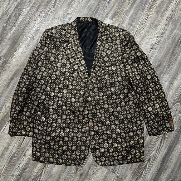 Lebow Clothes 100% Silk Blazer Gold Navy Pattern Sz 48 Made in USA Vintage - Picture 1 of 9